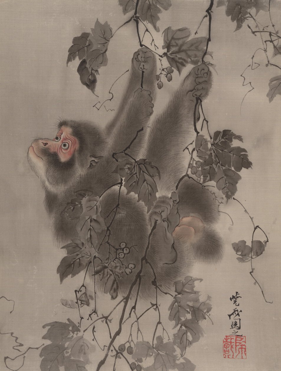 Abe hængende fra vinranker, ca. 1887. af Kawanabe Kyosai