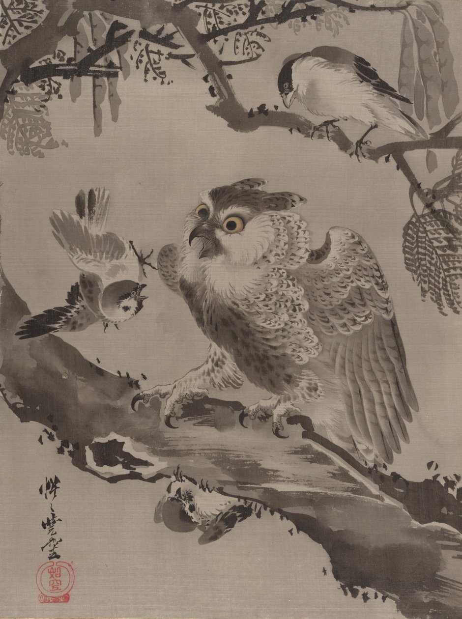 Ugle hånet af småfugle, ca. 1887. af Kawanabe Kyosai
