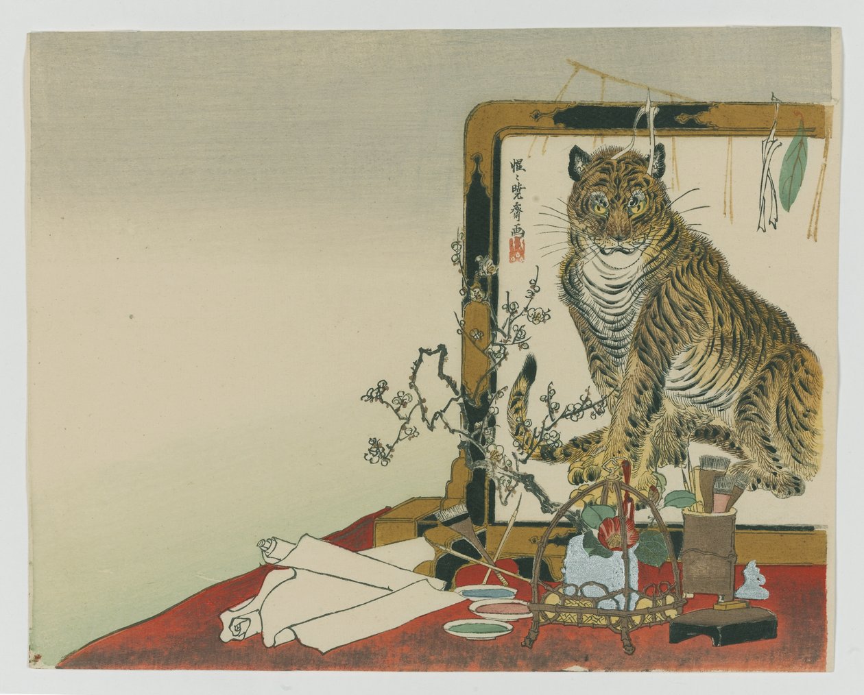 Stående skærm (Tsuitate) af en tiger, 1878 (træblok farvetryk) af Kawanabe Kyosai
