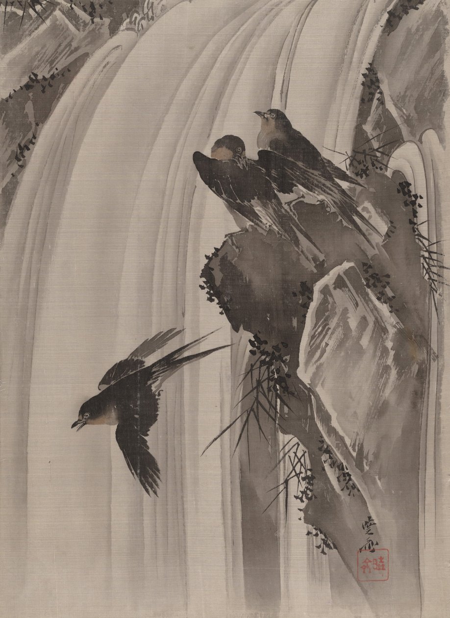 Svaler ved et vandfald, ca. 1887. af Kawanabe Kyosai