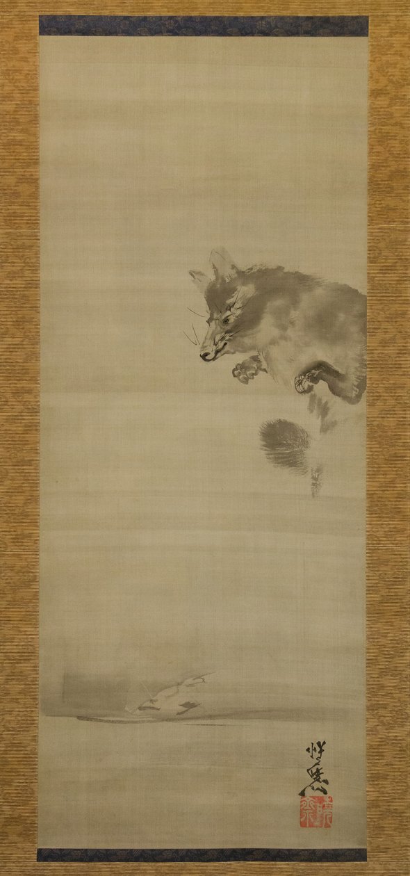 Tanuki mårhund, der ser sin refleksion i vand, slutningen af det 19. århundrede. af Kawanabe Kyosai