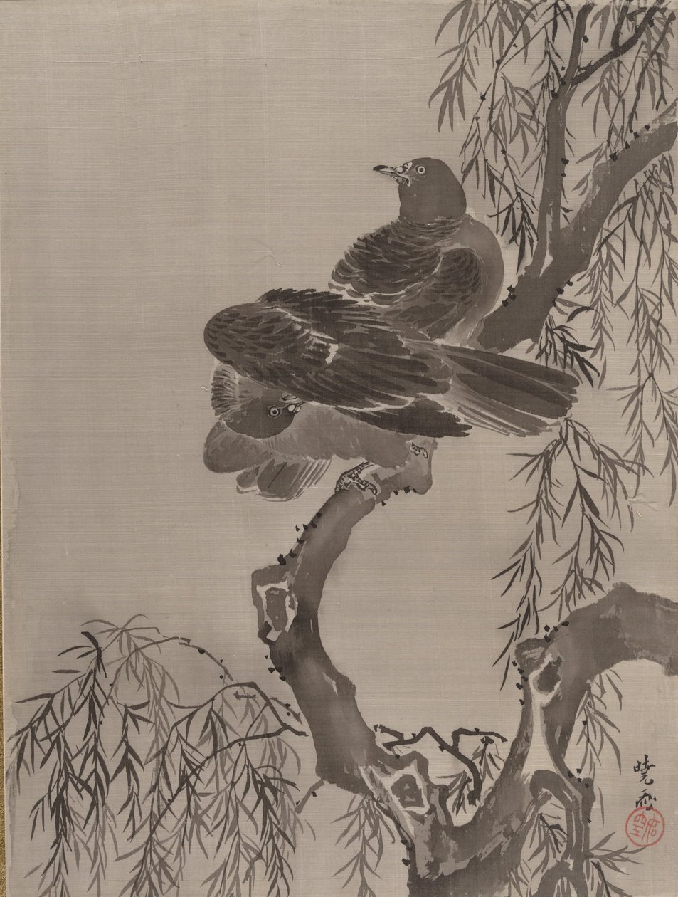 To fugle på en gren, ca. 1887. af Kawanabe Kyosai