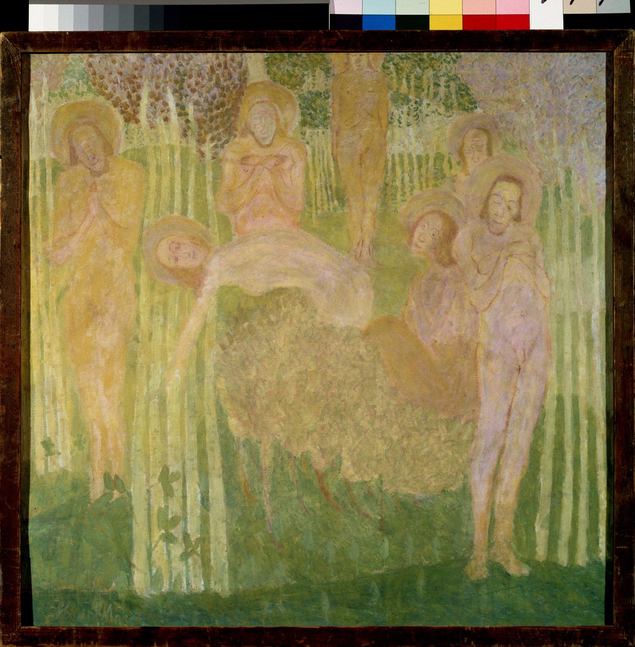 Skitse til et freskomaleri. Repræsentation af helgener med glorie, med glade ansigter, nøgne kroppe, samlet i en have med blomstrende træer. Værk af Kasimir Severinovich Malevich (Malevich, Malevic) (1878-1935), te af Kazimir Severinovich Malevich