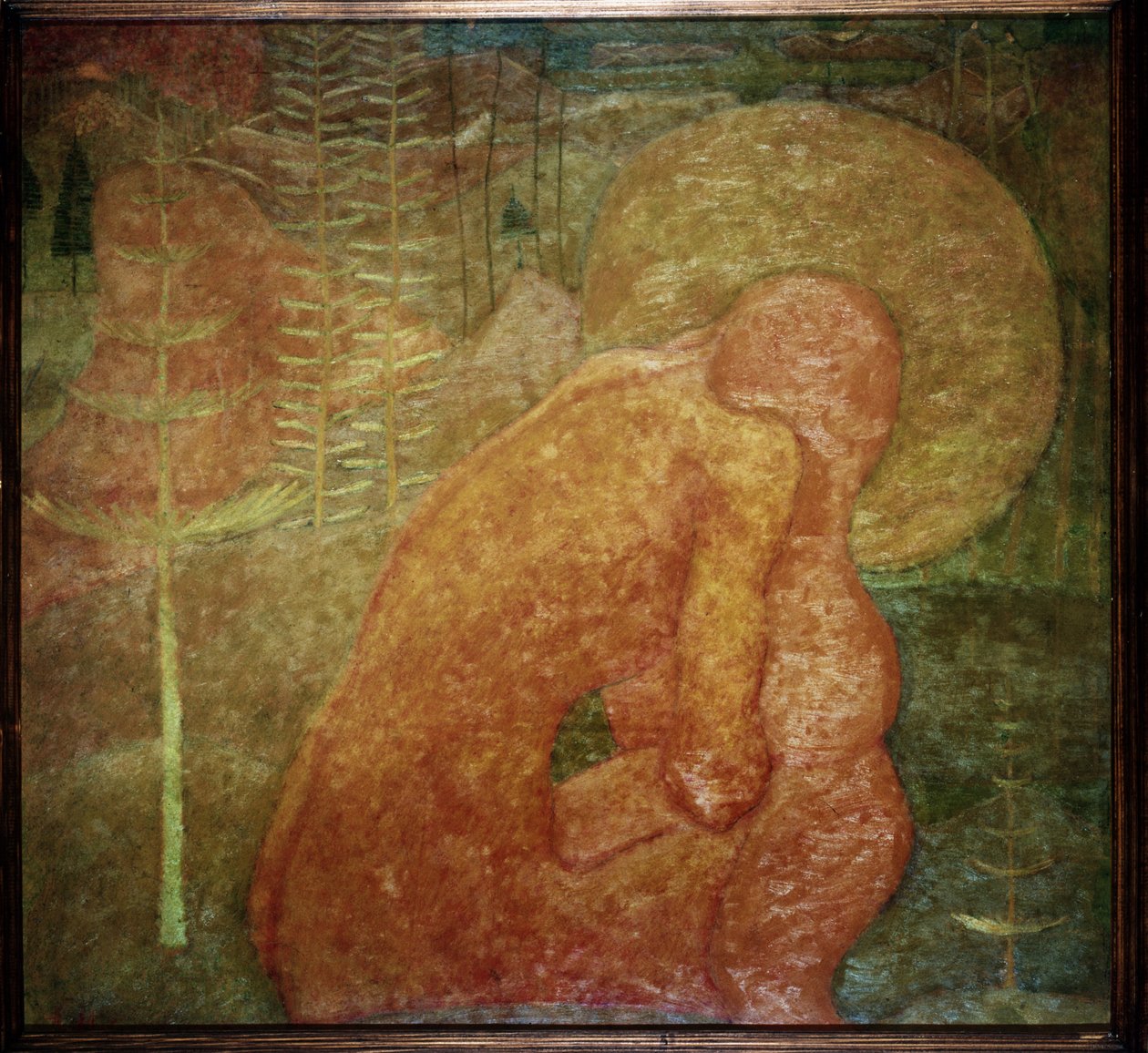 Skitse til en fresco. Bøn. (Skitse til et freskomaleri; Bøn). En nøgen karakter, i et skovlandskab, er krøllet sammen under hans aureole. Værk af Kasimir Severinovich Malevitch (Malevich, Malevic) (1878-1935), tempera på pap af Kazimir Severinovich Malevich