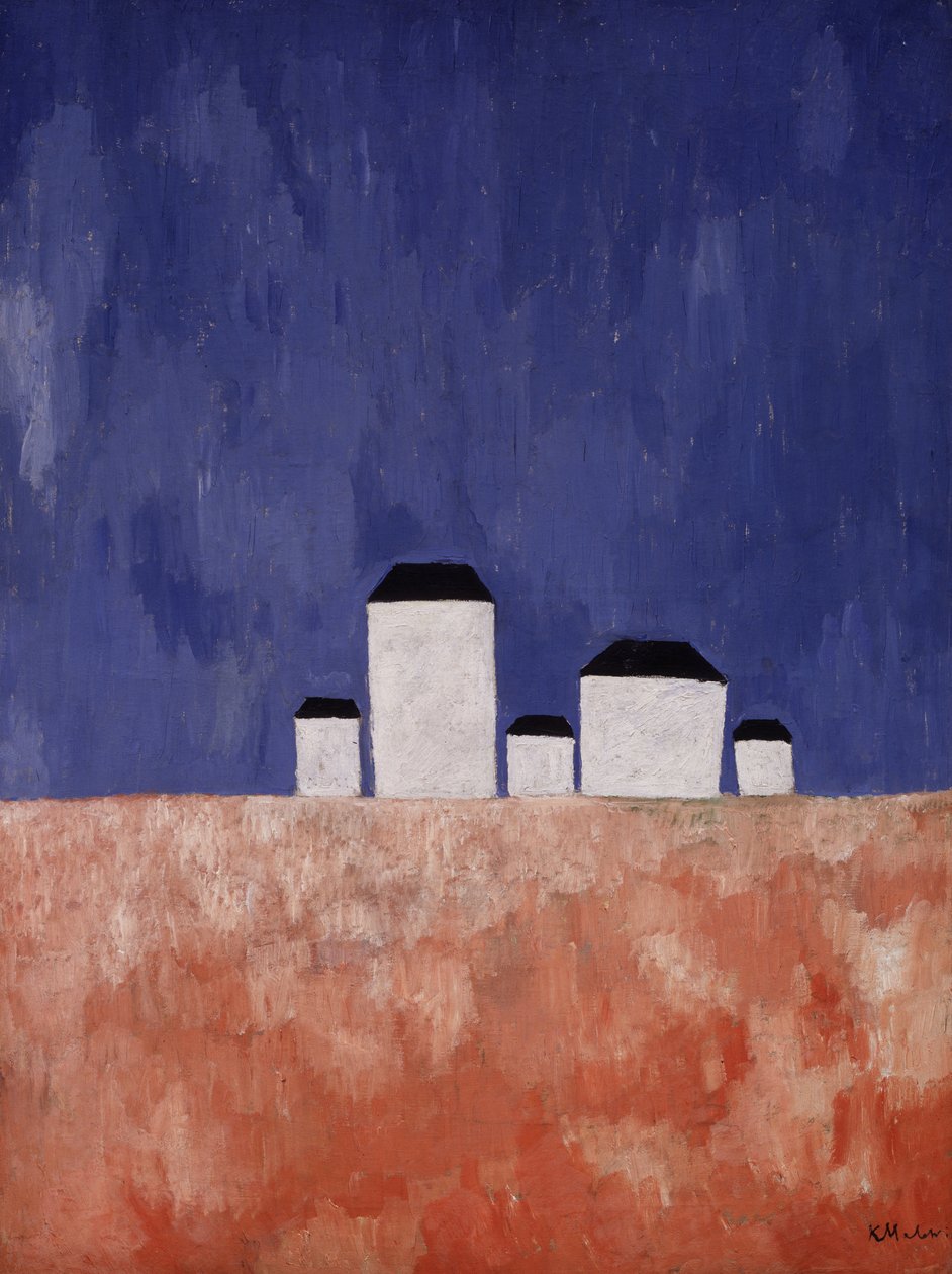 Landskab med fem huse, ca. 1932 af Kazimir Severinovich Malevich