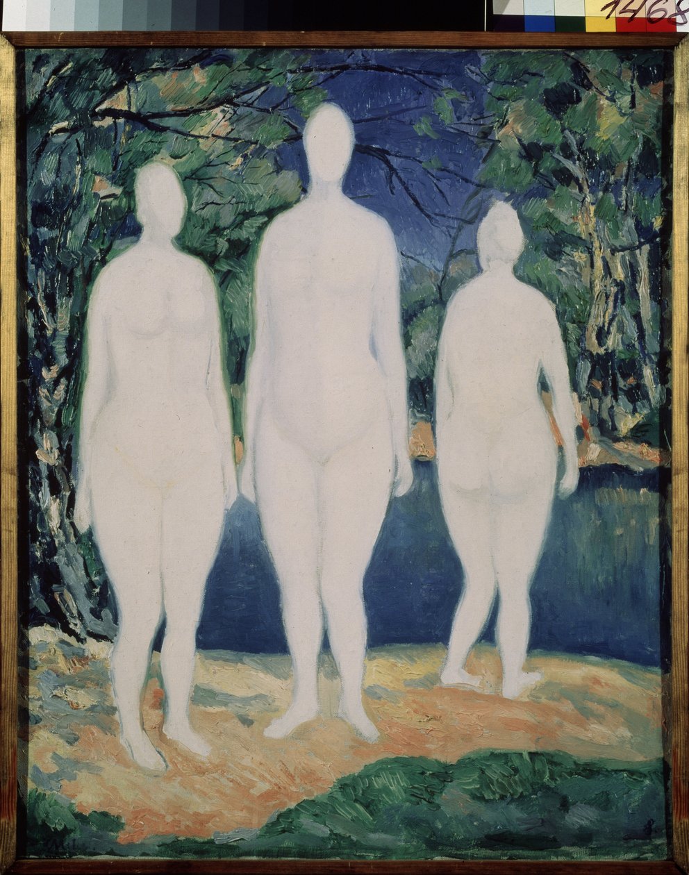 Badegæsterne. Tre hvide, nøgne figurer, der står nær en flod om sommeren. Maleri af Kasimir Severinovich Malevich (Malevich, Malevic) (1878-1935), olie på lærred af Kazimir Severinovich Malevich