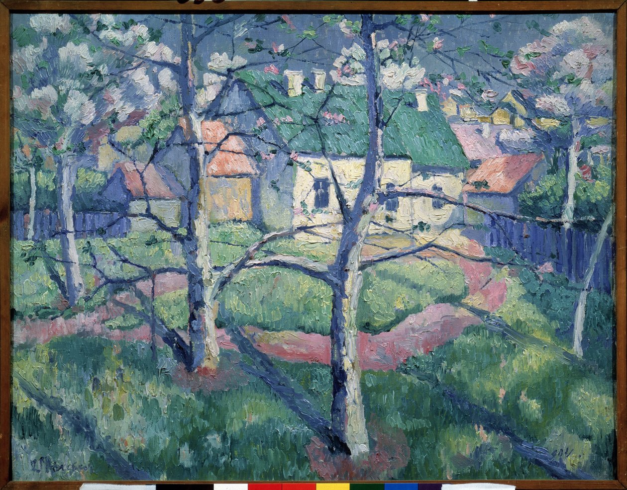 Æbletræer blomstrer. Landskab om sommeren, et par huse, en sti, træer. Maleri af Kasimir Severinovich Malevich (Malevich, Malevic) (1878-1935), olie på lærred af Kazimir Severinovich Malevich