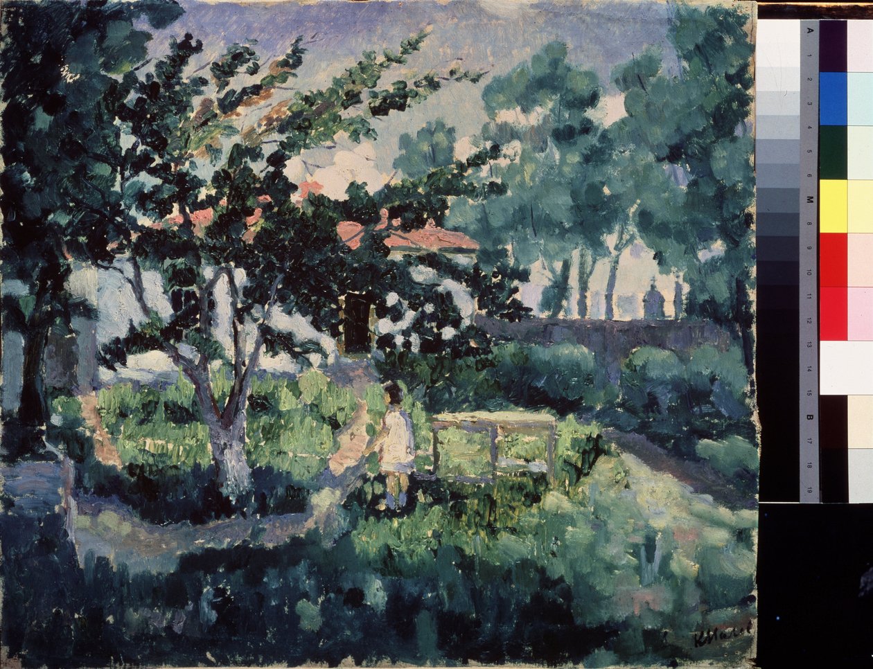 Sommer Landskab. Beskrivelse af haven til et lille landsted om sommeren, med et barn, der nyder sommerferien. Maleri af Kasimir Severinovich Malevich (Malevich, Malevic) (1878-1935), olie på lærred af Kazimir Severinovich Malevich