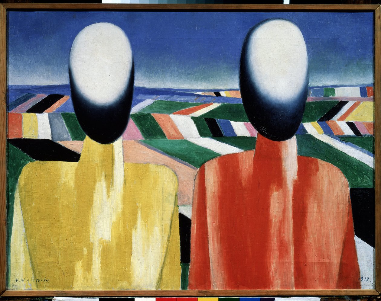 Bønder (Bønder). To ansigtsløse hoveder foran et landskab af dyrkede marker. Maleri af Kasimir Severinovich Malevitch (Malevich, Malevic) (1878-1935), olie på lærred, omkring 1930. Russisk kunst, avantgarde, 20. århundrede, suprematisme. Russisk statsmuse af Kazimir Severinovich Malevich