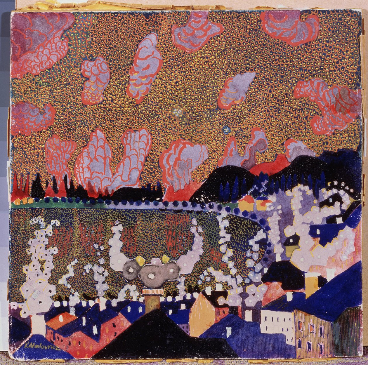 Lille by. Maleri af Kasimir Severinovich Malevich (Malevich, Malevic) (1878-1935), olie på pap af Kazimir Severinovich Malevich