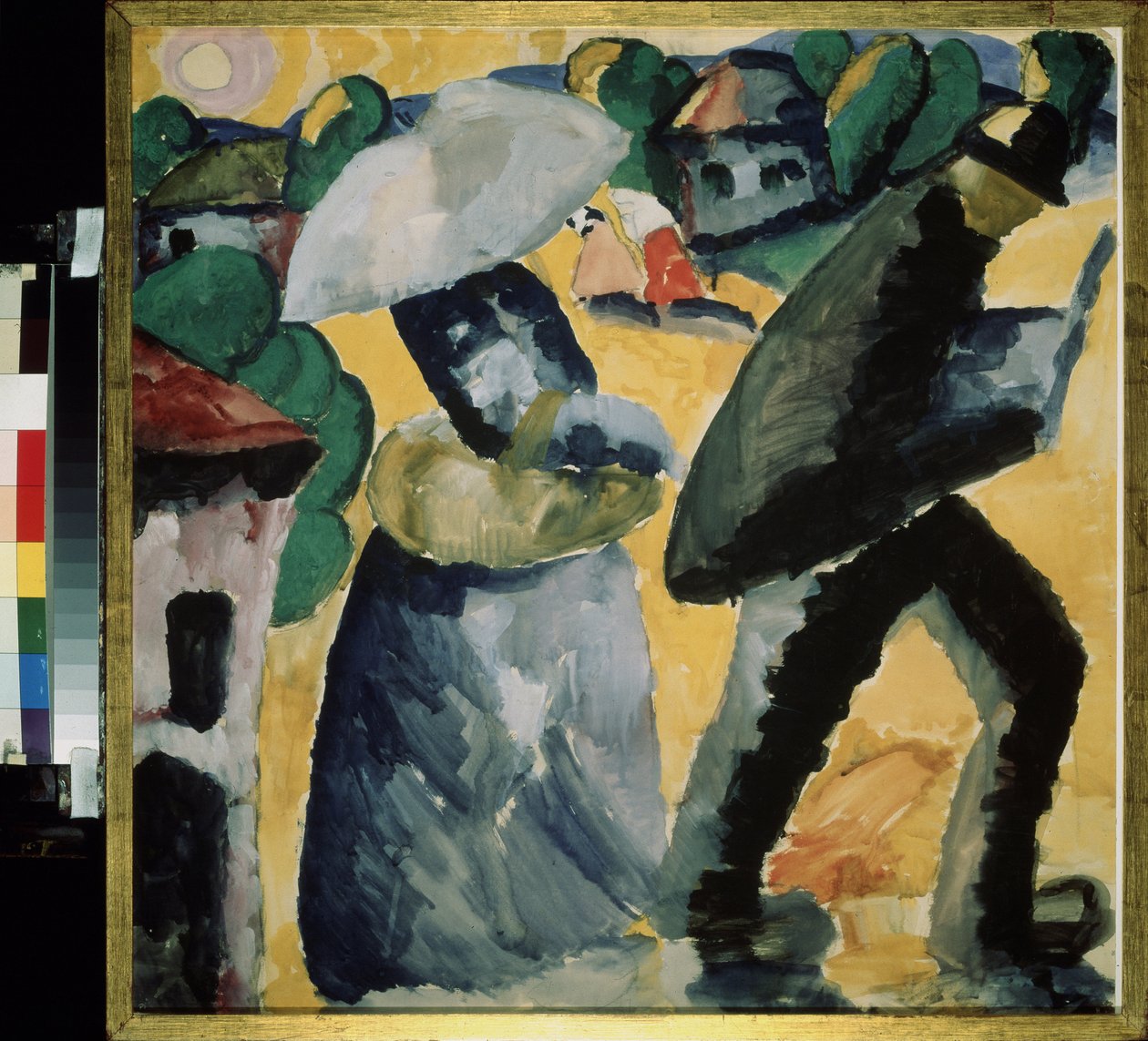 Provins. Scene af det daglige liv i gaderne i en lille landsby, et par, overrasket over regnen, går i regnskyl, kvinden skjuler sig under en paraply. Værk af Kasimir Severinovich Malevich (Malevich, Malevic) (1878-1935), gouache på papir af Kazimir Severinovich Malevich