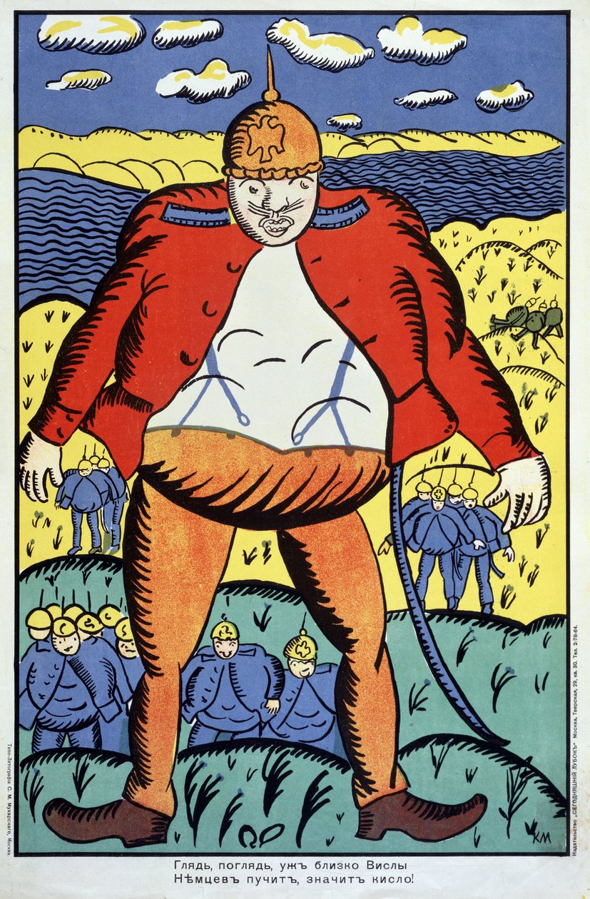 Se, Vistula er ikke langt... (Se, vistula er ikke langt...). Første Verdenskrig (1914-1918), en gigantisk tysk soldat med åben jakke og en pighjelm, efterfulgt af resten af ​​hans tropper, i Polen efter konfrontationen. af Kazimir Severinovich Malevich