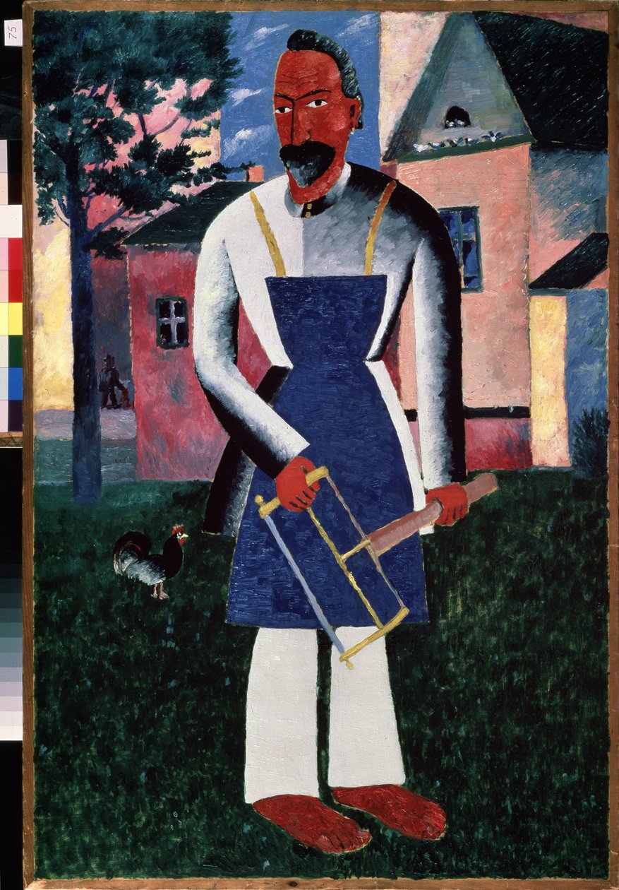 Sommerboer. (Sommerboer). Foran en landsby på landet om sommeren, portræt af en tømrer, barfodet, i et forklæde, der holder sit værktøj. Maleri af Kasimir Severinovich Malevitch (Malevich, Malevic) (1878-1935), olie på træ af Kazimir Severinovich Malevich