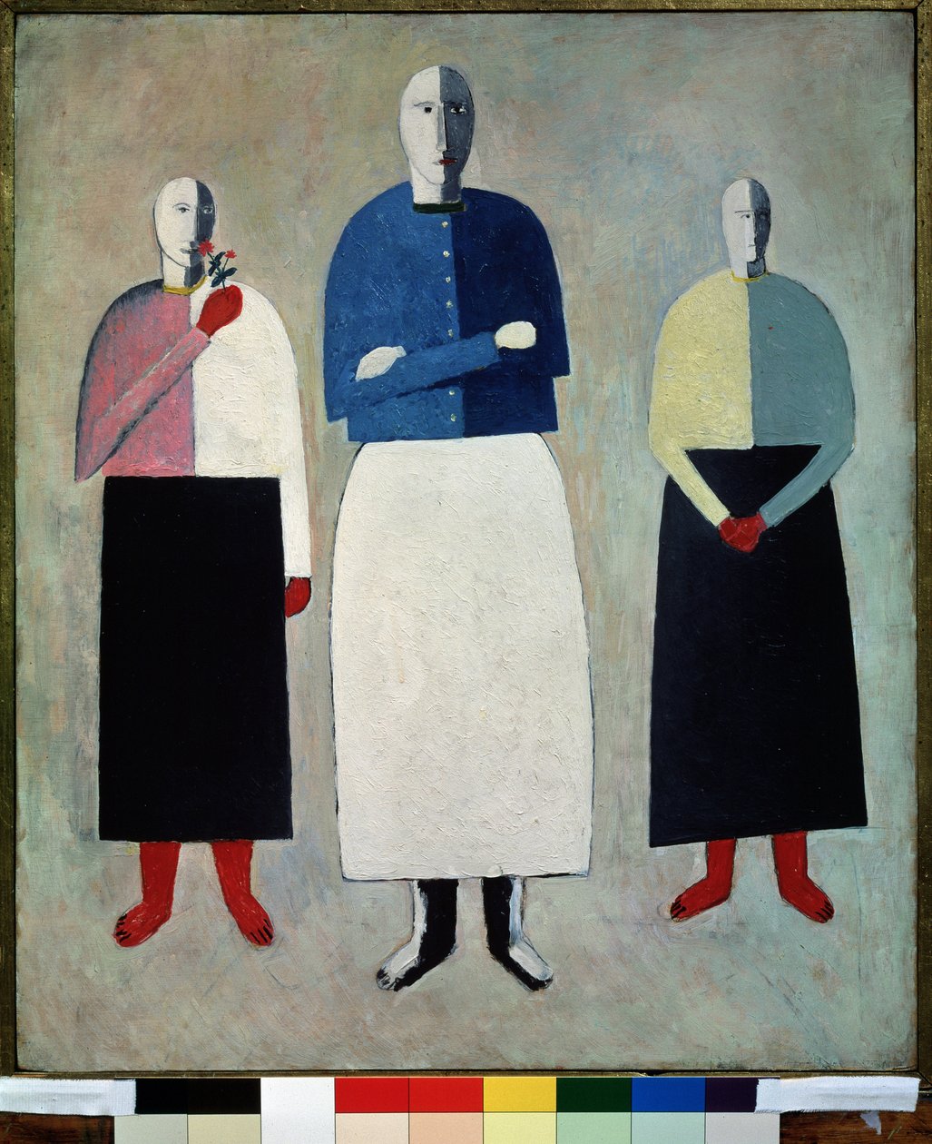Tre kvinder (tre piger). De tre har skaldet hoved, klædt i en lige nederdel og en knappet vest. Maleri af Kasimir Severinovich Malevitch (Malevich, Malevic) (1878-1935), olie på træ af Kazimir Severinovich Malevich