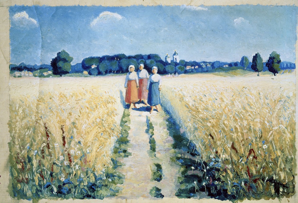 Trois femmes sur la route (Tre kvinder på vejen). Barfodede bondekvinder i traditionel dragt, går mellem dyrkede marker, midt om sommeren, landbrugets høstsæson. Maleri af Kasimir Severinovich Malevich (Malevich, Malevic) (1878-1 af Kazimir Severinovich Malevich