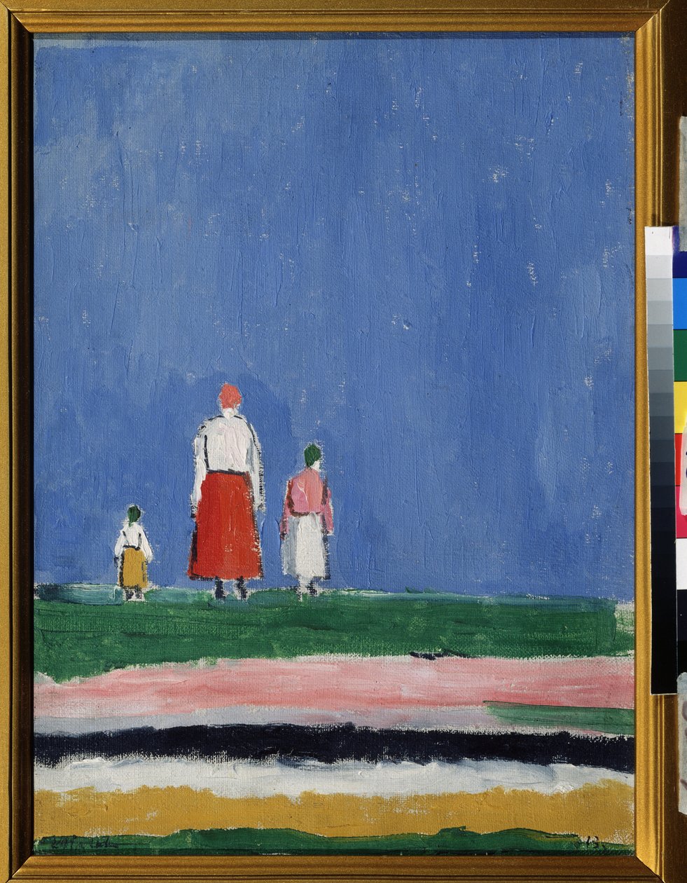 Tre figurer (tre figurer). En mor med to børn, repræsenteret bagfra. Maleri af Kasimir Severinovich Malevitch (Malevich, Malevic) (1878-1935), olie på lærred 1913 eller efter 1927. Russisk kunst, 20. århundredes avantgarde, suprematisme. Samling s af Kazimir Severinovich Malevich