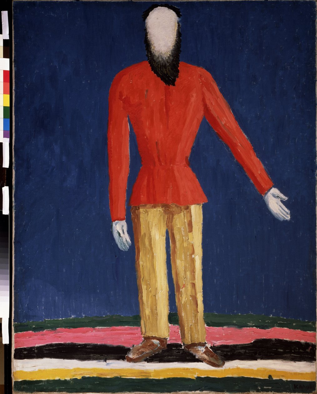 En Bonde (En Bonde). Repræsentation af en skægget mand med en rød skjorte). Maleri af Kasimir Severinovich Malevich (Malevich, Malevic) (1878-1935), olie på lærred af Kazimir Severinovich Malevich