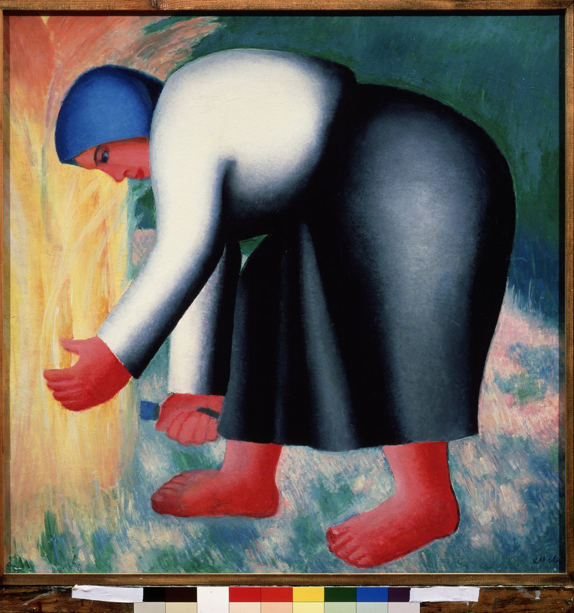 En mejer. Portræt af en bøjet, barfodet bondekvinde, der høster korn. Maleri af Kasimir Severinovich Malevitch (Malevich, Malevic) (1878-1935), olie på træ af Kazimir Severinovich Malevich