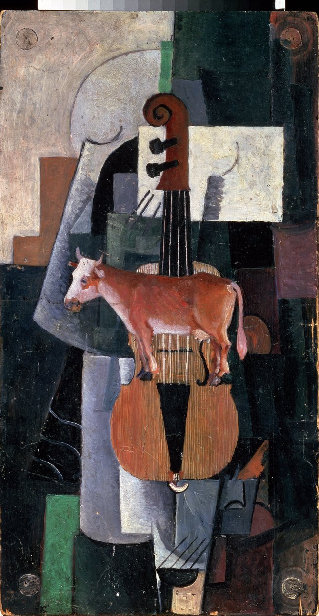 Ko og violin (Ko og violin). Maleri af Kasimir Severinovich Malevitch (Malevich, Malevic) (1878-1935), olie på træ af Kazimir Severinovich Malevich