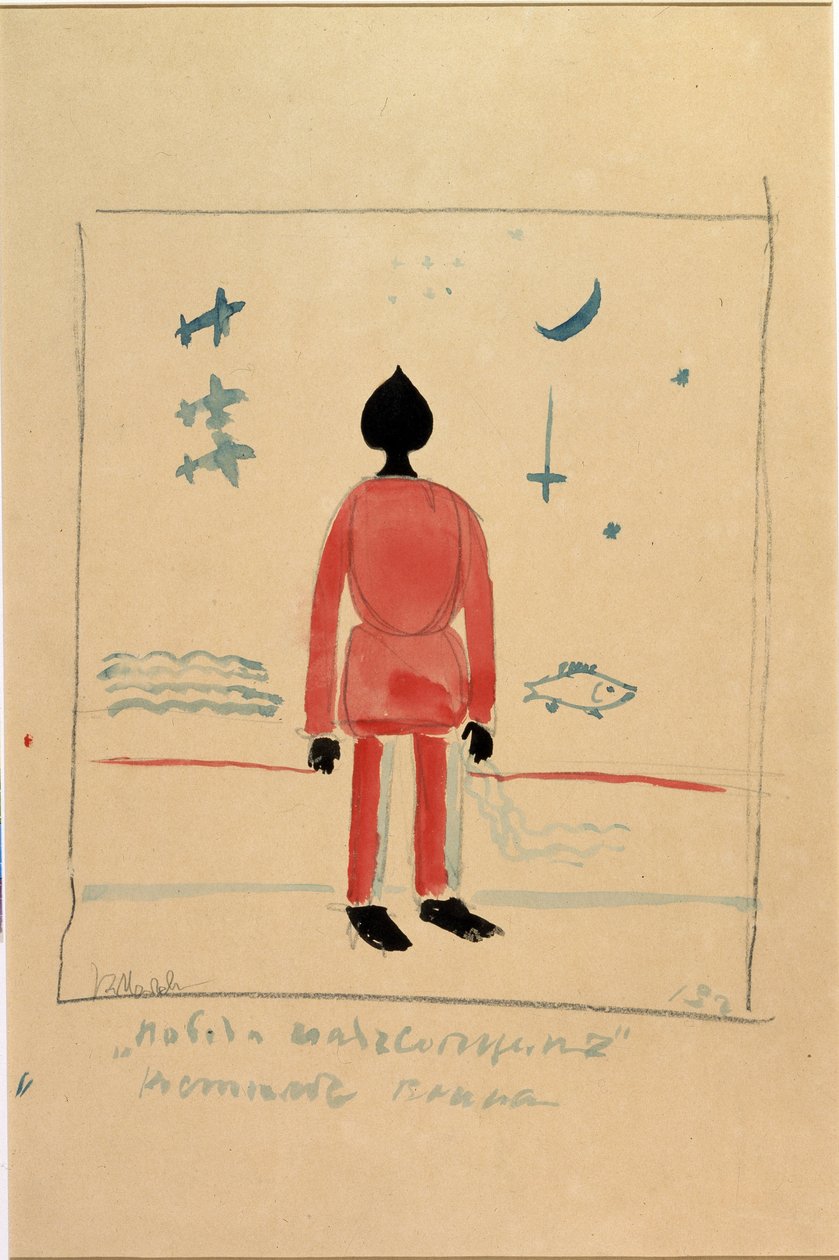 "Warrior"-illustration til et kostume til Operaen Sejren på Solen af Aleksei Kruchenykh (1886-1968) af Kazimir Severinovich Malevich