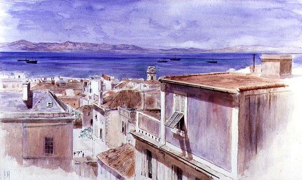 Gibraltar med Spaniens kyst hinsides (akvarel) af Keeley Halswelle