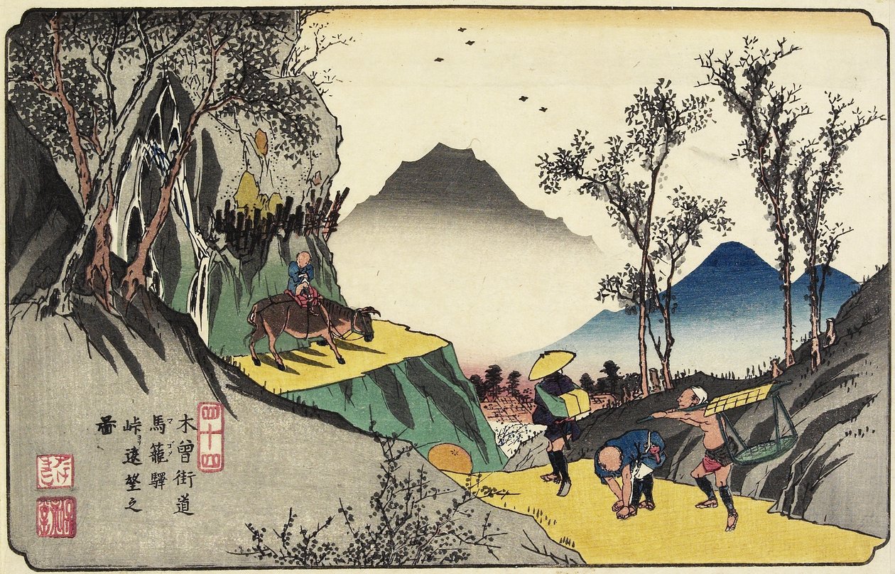 No.44 Fjernsyn over Magome Station fra passet, 1830-1844 af Keisai Eisen