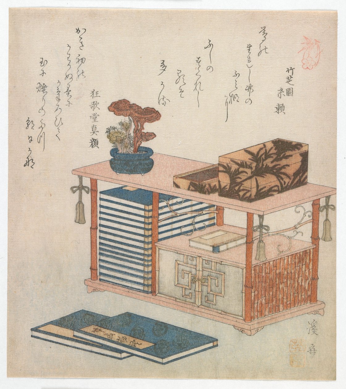 Surimono, der illustrerer et bogskab, Edo-perioden, slutningen af 1810