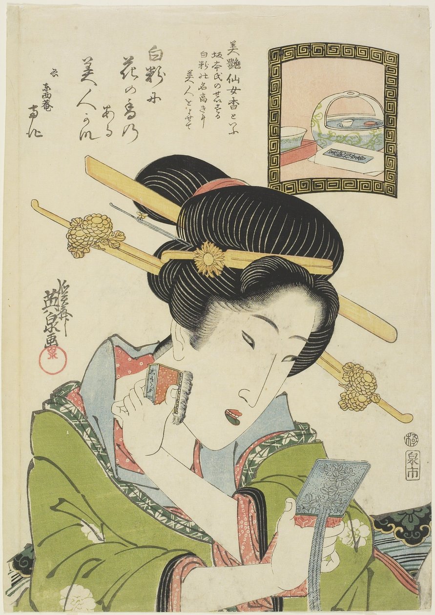 Kvinde tager ansigtspulver på, 1820-1822 af Keisai Eisen
