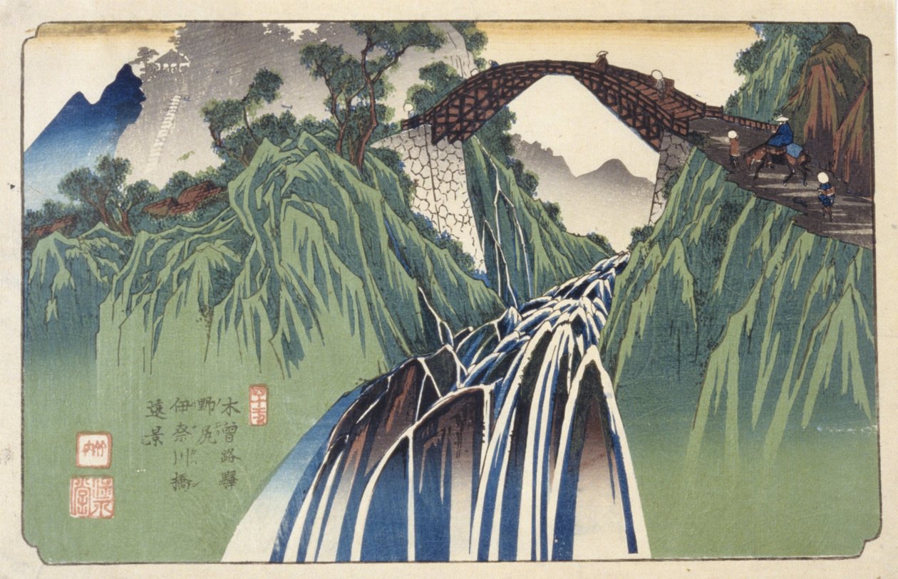 Fjernsyn over broen over Ina-floden i Nojiri, nr. 41 (Nojiri Inagawabashi Enkei, 41) (tryk i farvet træblok) af Keisai (1790 1848) Eisen