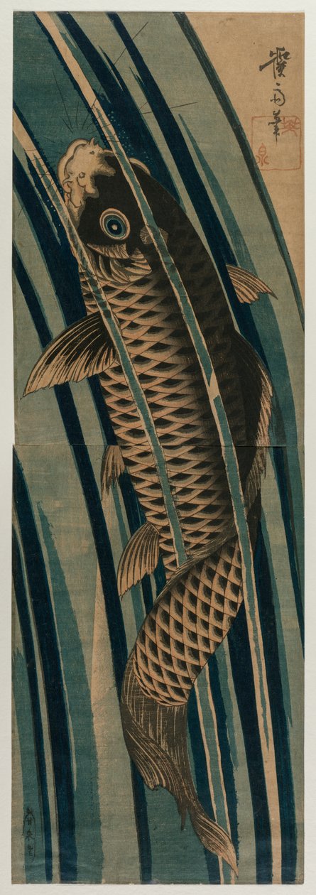 Karper, der stiger op i et vandfald, tidligt eller midt i 1830