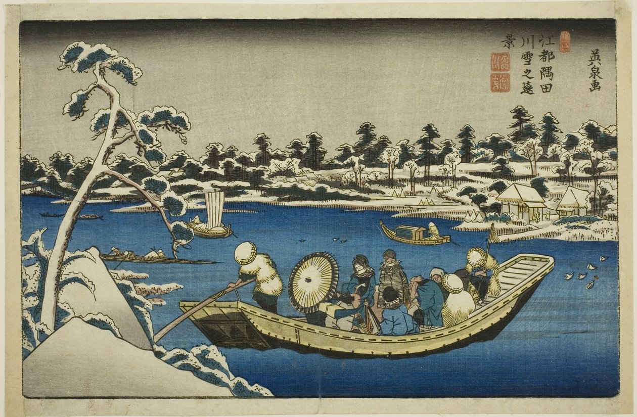 Fjern udsigt over sne på Sumida-floden i Edo af Keisai Eisen