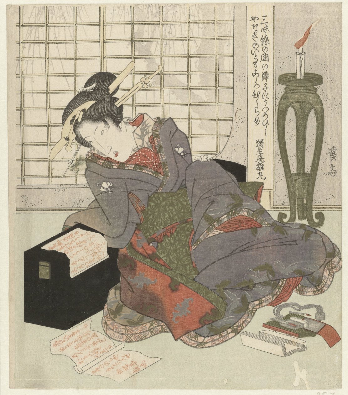 En geisha læner sig op ad sin shamisens æske af Keisai Eisen