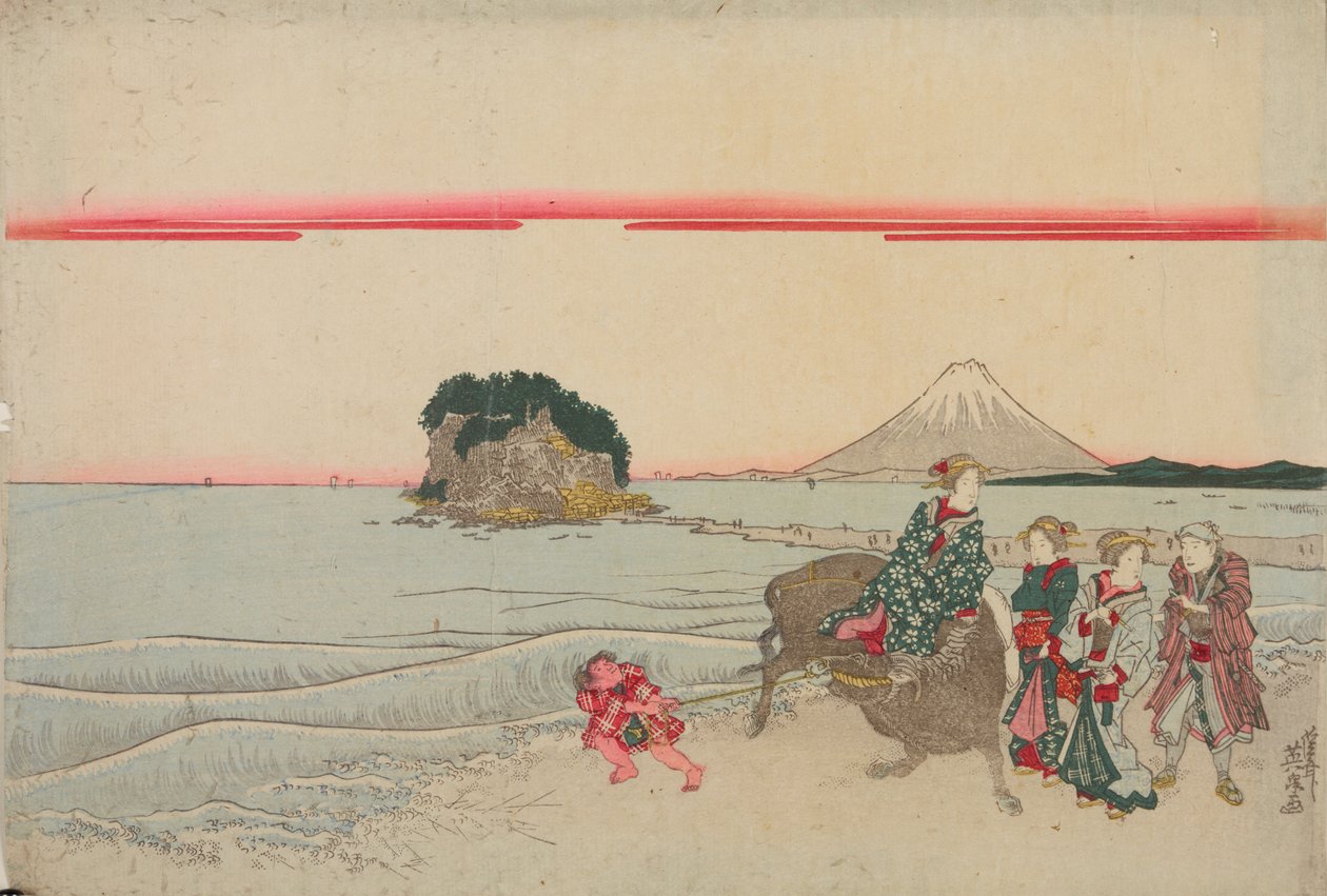 Kvinde på en bøffel, barn og tre forbipasserende ved havet med øen Enoshima i baggrunden af Keisai Eisen