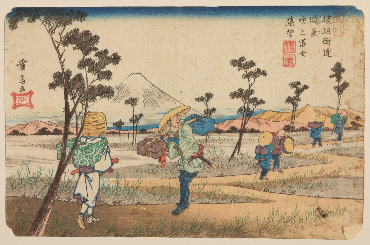 Konosu, pilgrim og forbipasserende på en markvej, tavle 8 i serien: De 69 etaper på Kisokaido-vejen (en bjergrig indlandsvej fra Mino til Shinano) / Kisokaido rokuju-ku zugi af Keisai Eisen