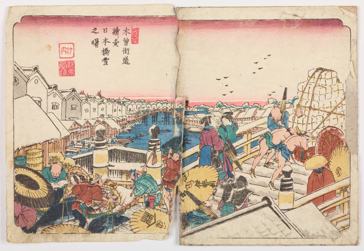 Nihon-bashi-broen en snedækket morgen, billede 1 i serien: Kisokaido-vejen / Kisokaido rokujuku zugi af Keisai Eisen