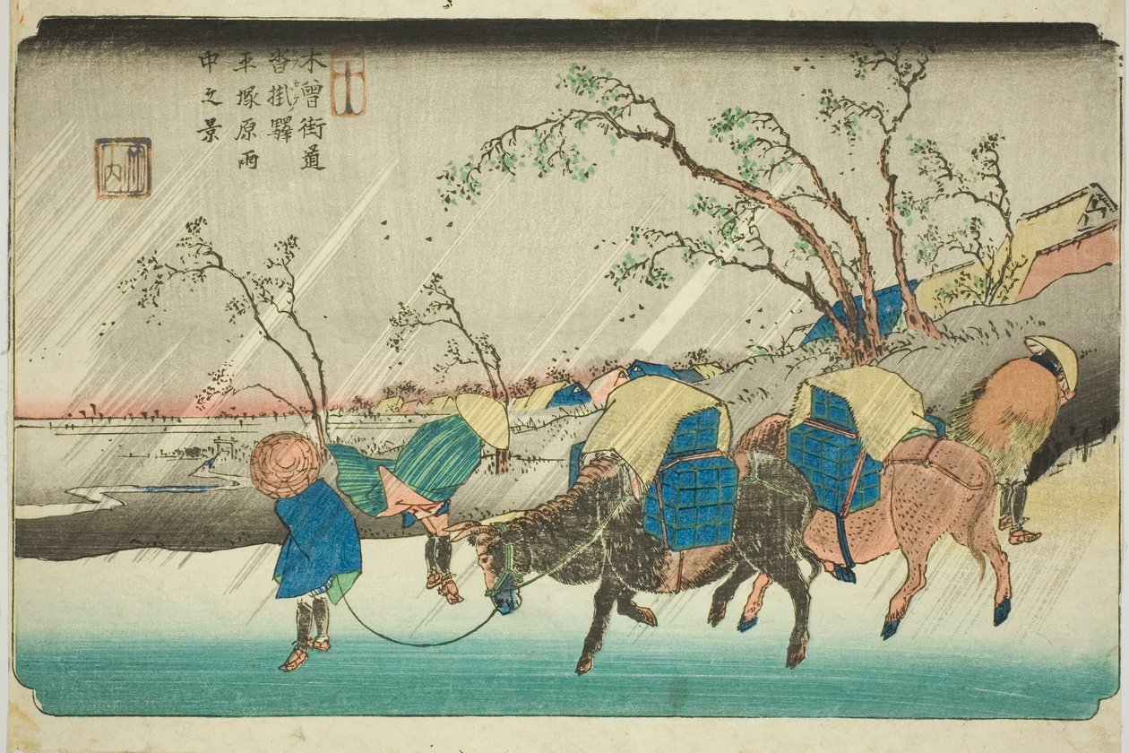 Nr. 20: Regn på Hiratsuka-sletten nær Kutsukake Station (Niju: Kutsukake no eki, Hiratsukahara uchu no kei), fra serien "[Sixty-nine Stations of the] Kisokaido (Kisokaido [rokujukyu tsugi no uchi])" af Keisai Eisen