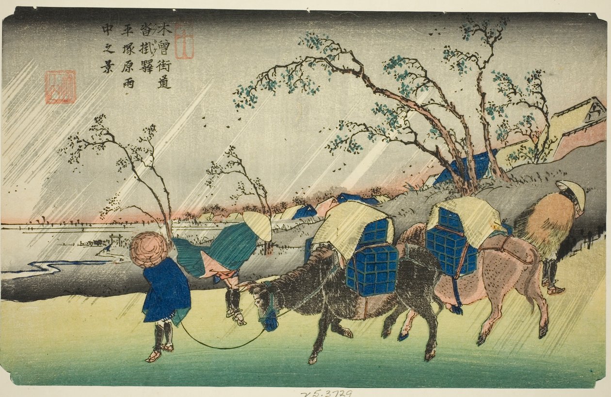 Nr. 20: Regn på Hiratsuka-sletten nær Kutsukake Station (Niju: Kutsukake no eki, Hiratsukahara uchu no kei), fra serien "[Sixty-nine Stations of the] Kisokaido" af Keisai Eisen