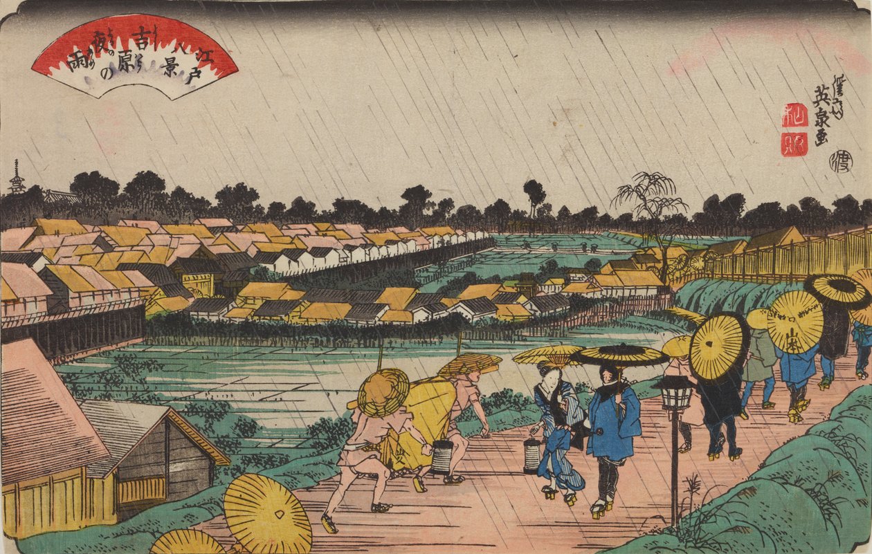 Natregn i Yoshiwara / Yoshiwara-no yoru-no ame, fra serien: Otte udsigter over Edo / Edo hakkei af Keisai Eisen