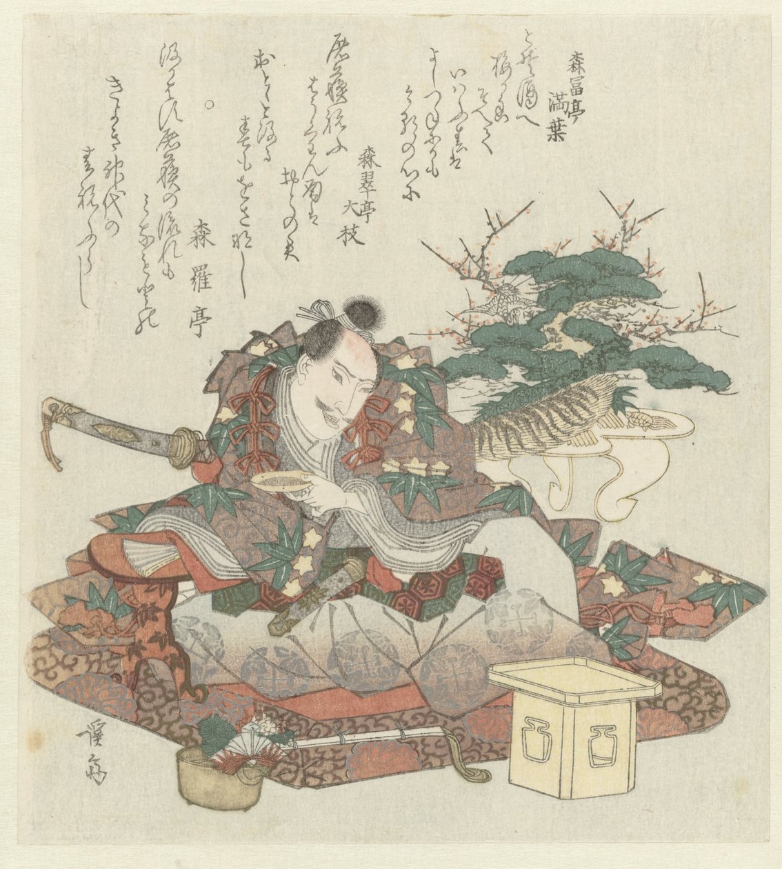 Samurai med sakeskål i hånden af Keisai Eisen