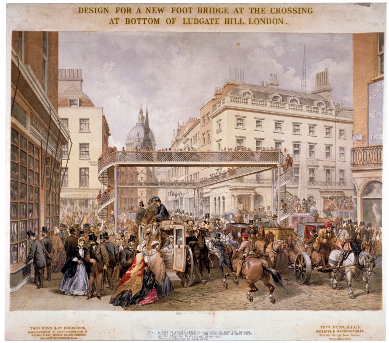 Design til en ny gangbro ved krydset Ludgate Hill og Fleet Street, City of London, 1862. af Kell Brothers