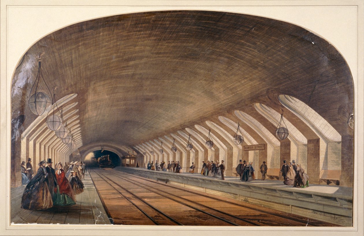 Interiør af Baker Street Station med perroner og et nærgående tog, London, c1865 af Kell Brothers