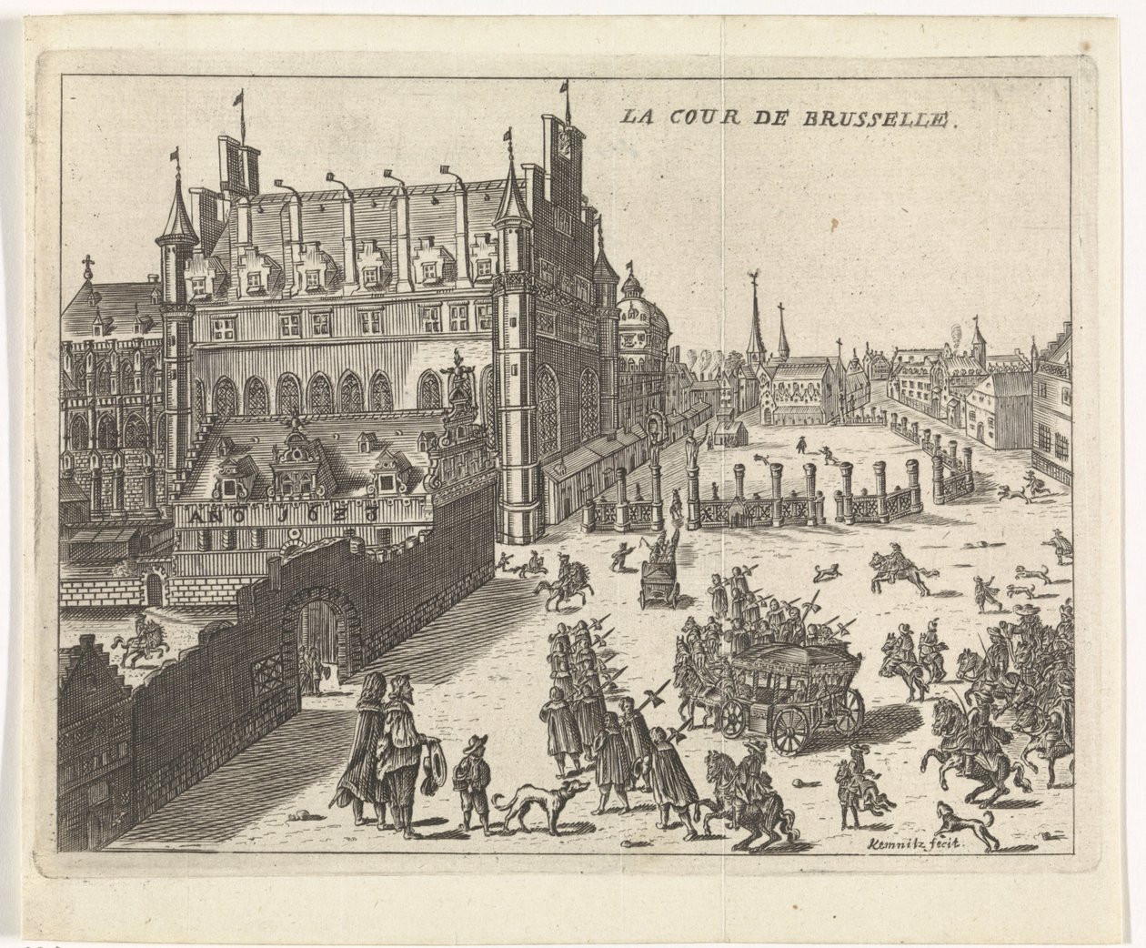 Udsigt over domstolen i Bruxelles, 1673. La cour de Brusselle (titel på objekt) af Kemnitz