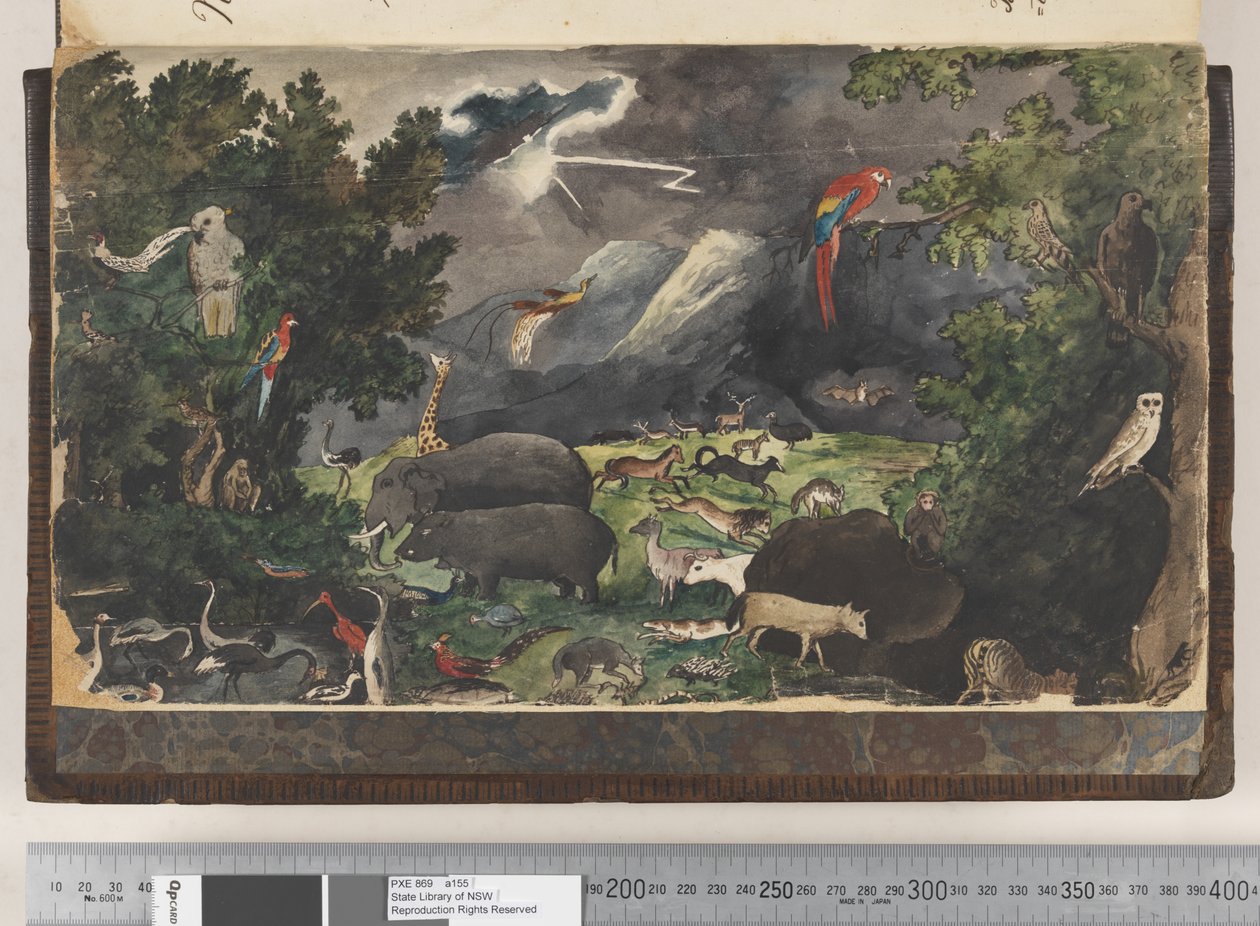 Frontispice: Uden titel, Peaceable Kingdom, landskab med fugle og dyr af Kenelm Henry Digby