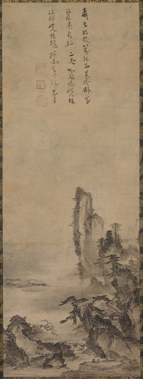 Ensomt tempel og tårnhøje klippe, ca. 1480. af Kenkō Shōkei
