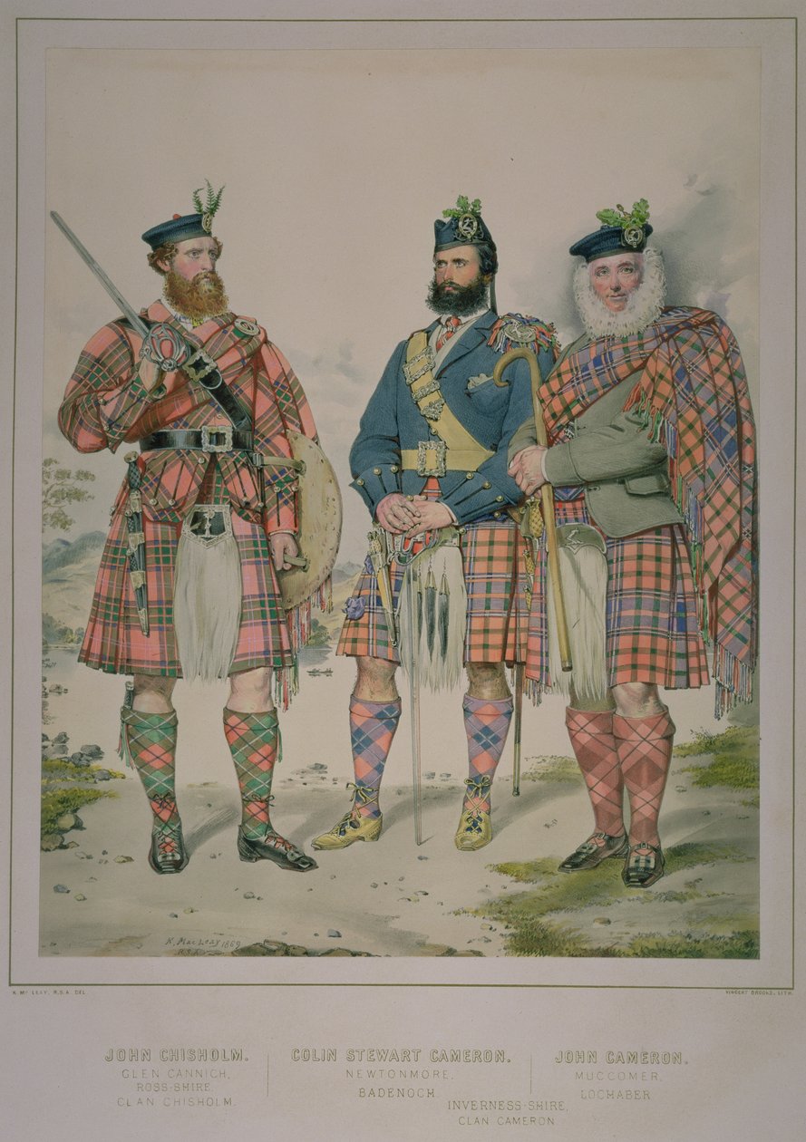 Tredobbelt portræt af John Chisholm, Colin Stewart Cameron og John Cameron, mænd af klanen Chisholm og klanen Cameron, udgivet i The Highlander of Scotland fra 1870, 1869 (wc og blæk på papir) af Kenneth Macleay