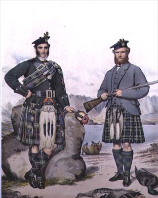 Kiltede jægere fra Hebriderne, graveret af Vincent Brooks, ca. 1868 (litho) af Kenneth (after) Macleay