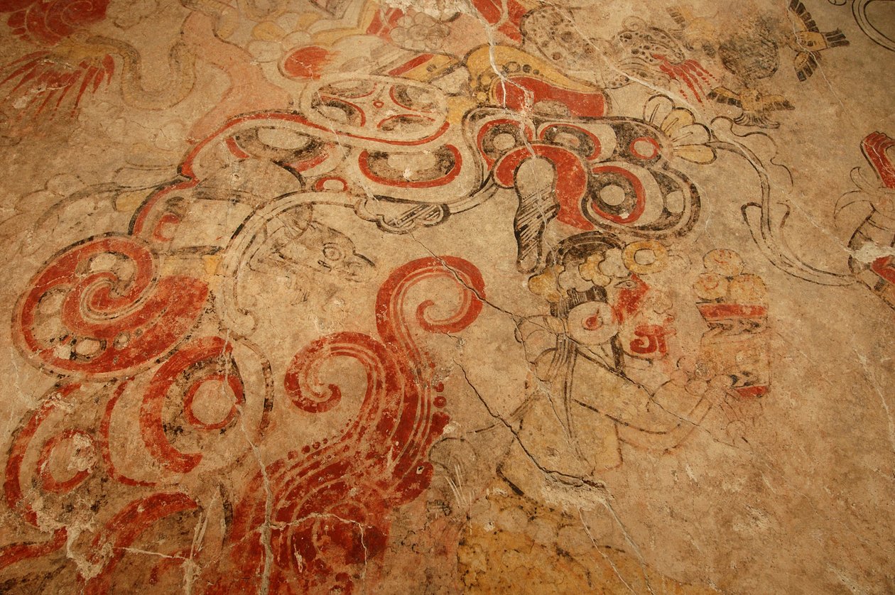 Underverdenens hulemunding, indgang til Blomsterbjerget, Maya; Maya-malerier; San Bar..., 2002 (foto) af Kenneth Garrett