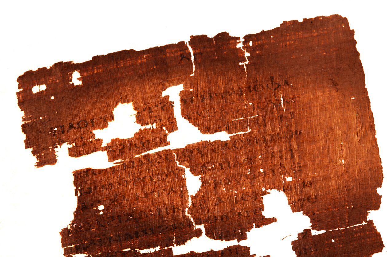 Detalje af side i Judasevangeliet med teksten "Den hemmelige beretning om åbenbaringen af..., 2006 (foto) af Kenneth Garrett