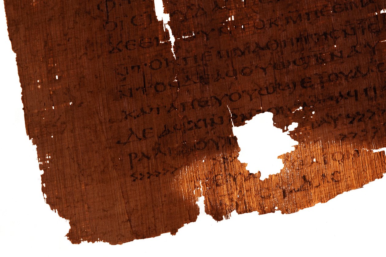 Detalje af den afsluttende side i Judasevangeliet, sidste linje i teksten lyder "The Go..., 2006 (foto) af Kenneth Garrett