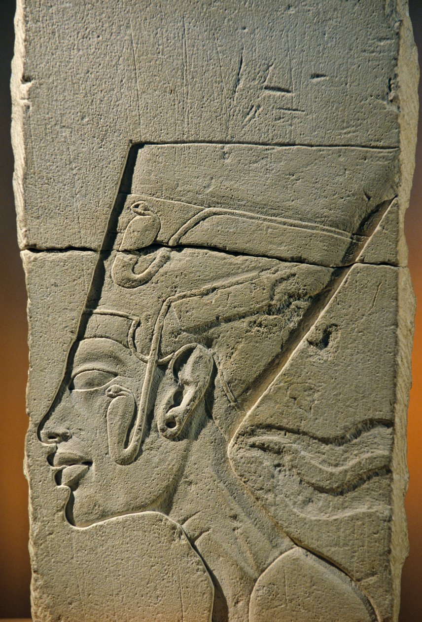 Billedhuggermodel af Nefertitis hovedrelief, Amarna; Aten-templet; kalksten, 2009 (foto) af Kenneth Garrett